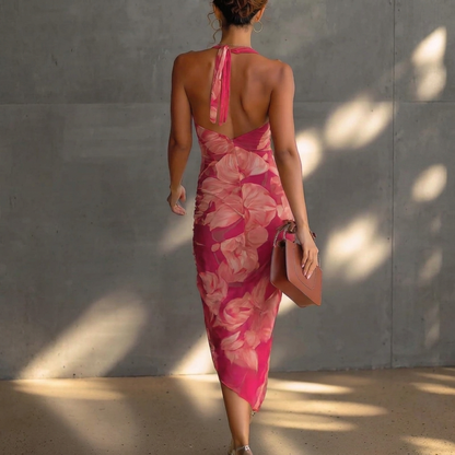Geplooide Midi-jurk met Bloemenprint en Watervalhals