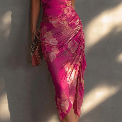 Geplooide Midi-jurk met Bloemenprint en Watervalhals