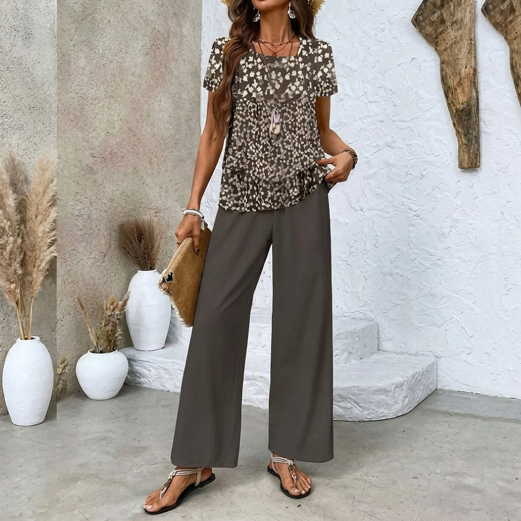 Dames Print Pak Set - Mouwloos Dubbel Laags Vest & Losse Rechte Broek
