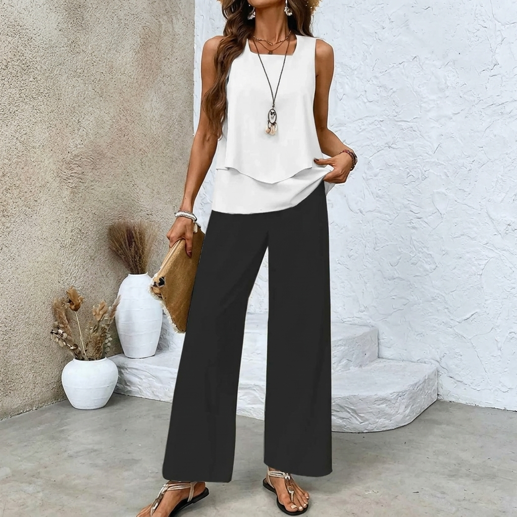 Dames Print Pak Set - Mouwloos Dubbel Laags Vest & Losse Rechte Broek