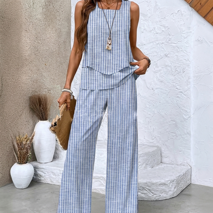 Dames Print Pak Set - Mouwloos Dubbel Laags Vest & Losse Rechte Broek