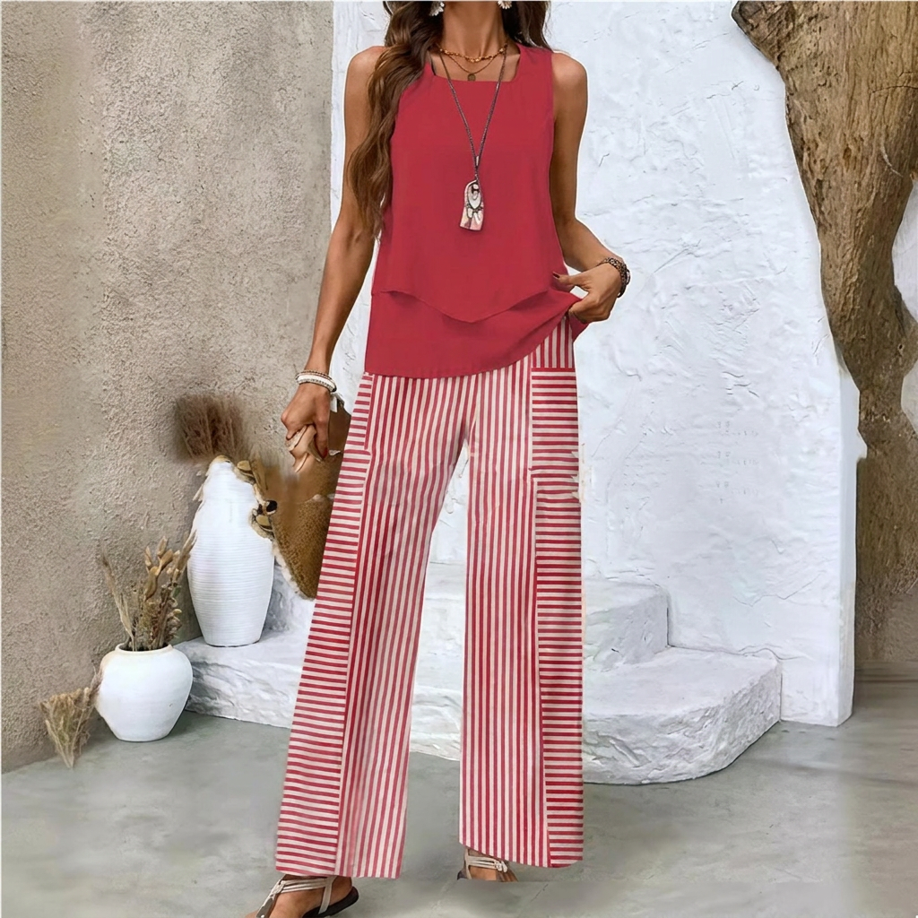 Dames Print Pak Set - Mouwloos Dubbel Laags Vest & Losse Rechte Broek