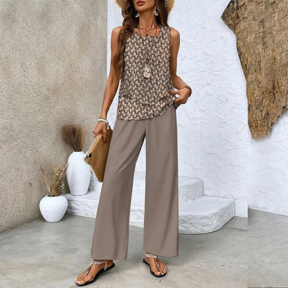 Dames Print Pak Set - Mouwloos Dubbel Laags Vest & Losse Rechte Broek