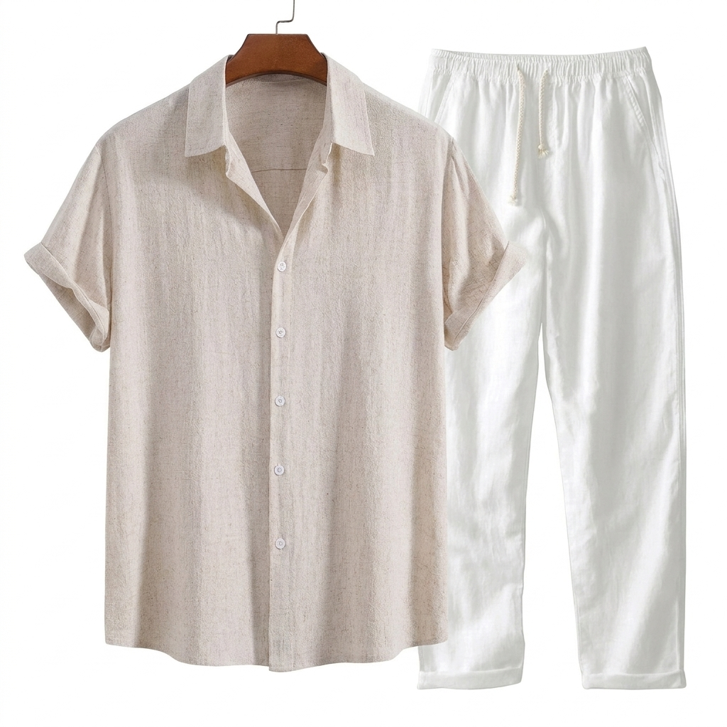 Heren Vrijetijdspak met Kortemouw Shirt en Relaxte Pasvorm Broek