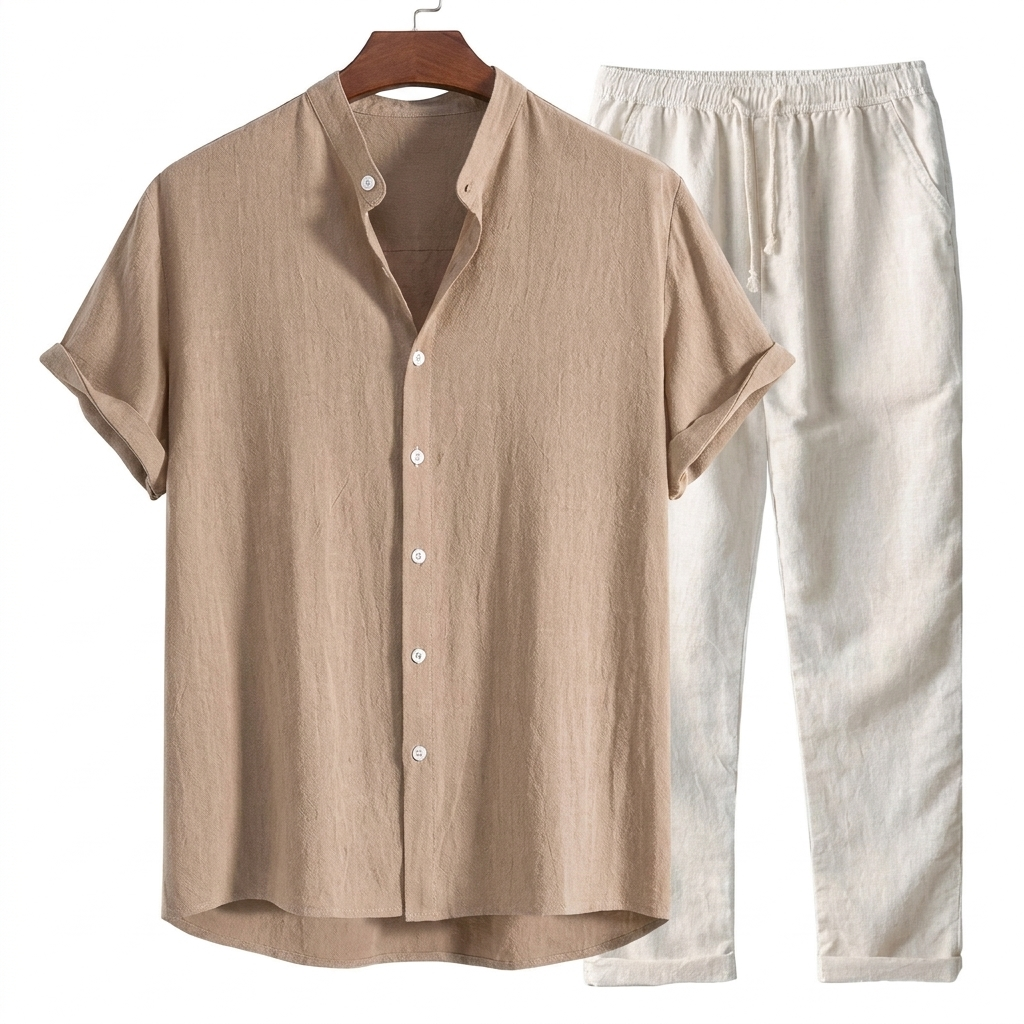 Heren Vrijetijdspak met Kortemouw Shirt en Relaxte Pasvorm Broek