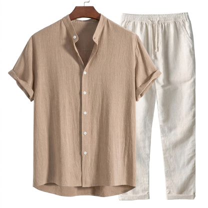 Heren Vrijetijdspak met Kortemouw Shirt en Relaxte Pasvorm Broek