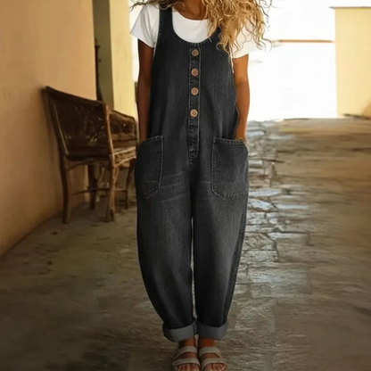 Dames Gewassen Denim Jumpsuit met Trekkoord en Comfortabele Pasvorm