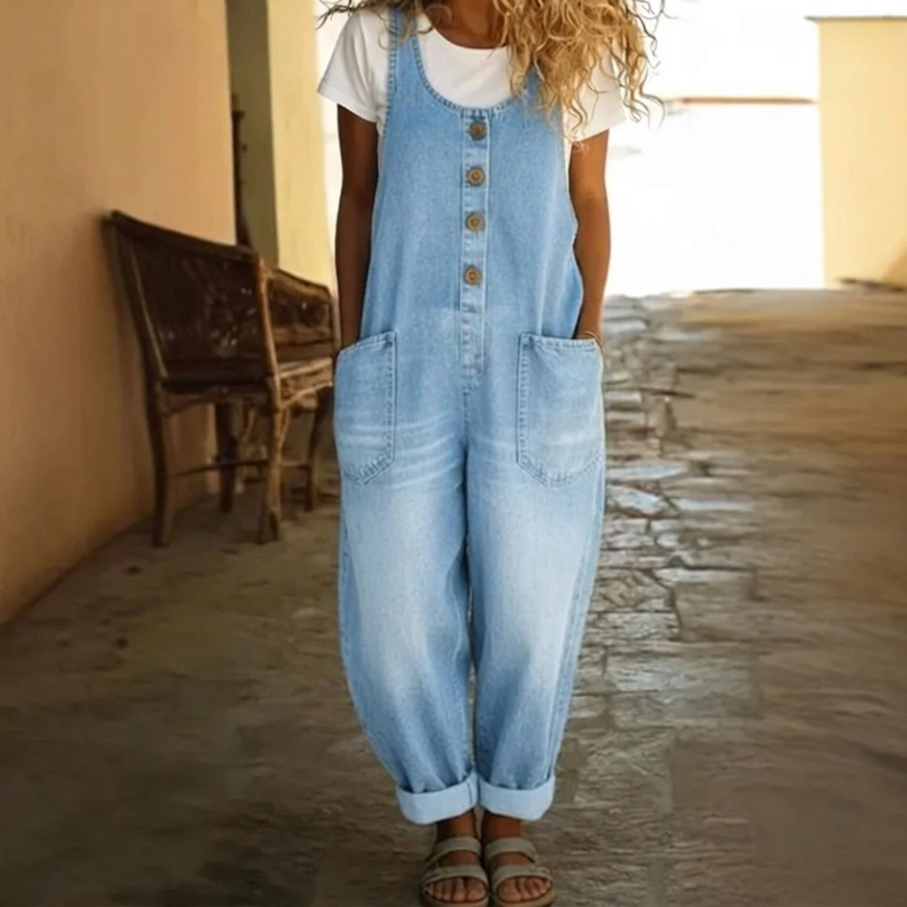 Dames Gewassen Denim Jumpsuit met Trekkoord en Comfortabele Pasvorm