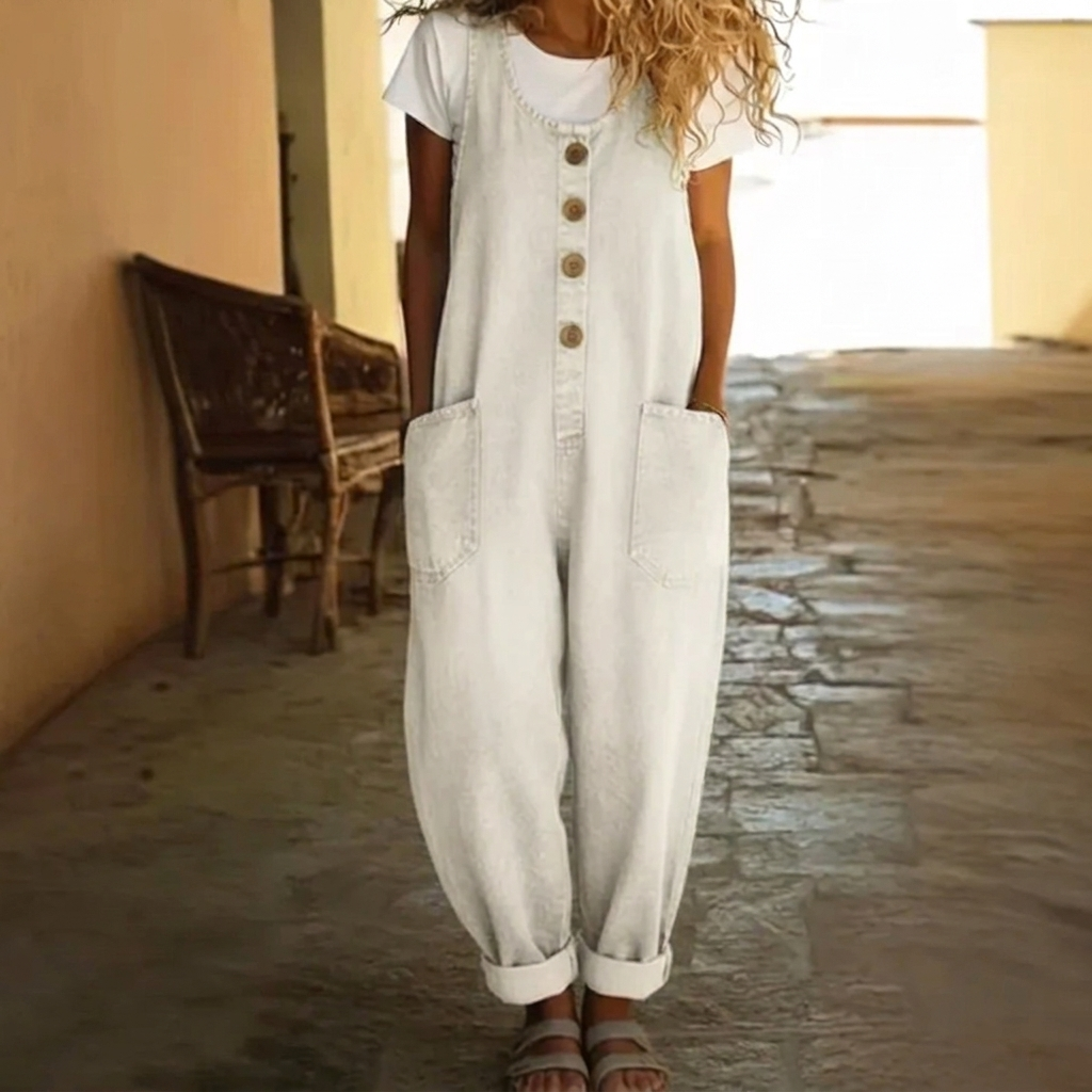 Dames Gewassen Denim Jumpsuit met Trekkoord en Comfortabele Pasvorm