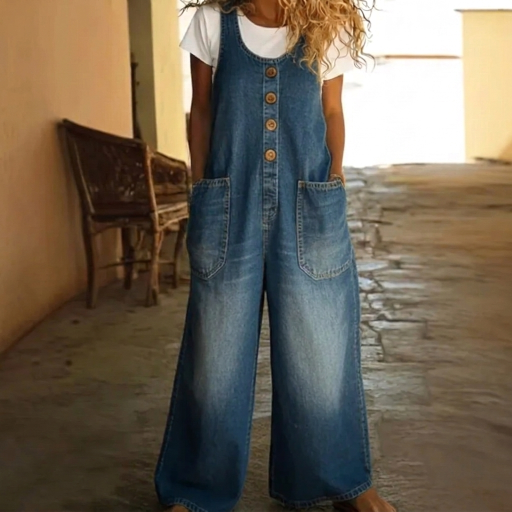 Dames Gewassen Denim Jumpsuit met Trekkoord en Comfortabele Pasvorm