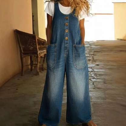 Dames Gewassen Denim Jumpsuit met Trekkoord en Comfortabele Pasvorm