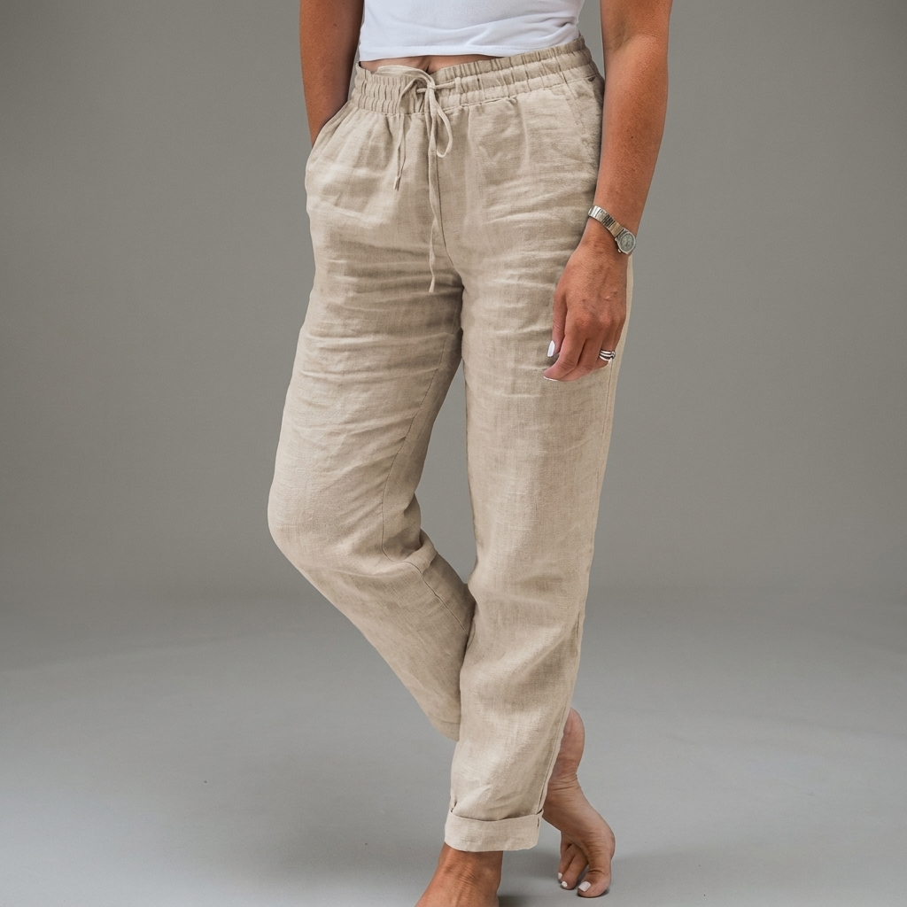 Dames Katoen Linnen Broek met Hoge Taille en Elastische Tailleband