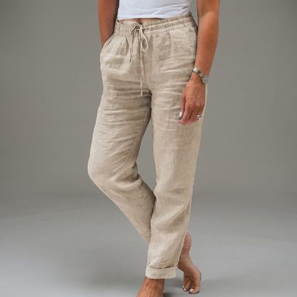 Dames Katoen Linnen Broek met Hoge Taille en Elastische Tailleband