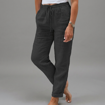 Dames Katoen Linnen Broek met Hoge Taille en Elastische Tailleband