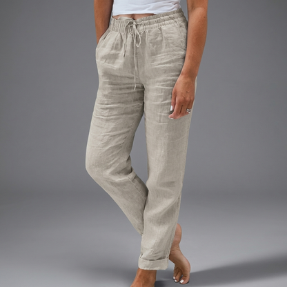 Dames Katoen Linnen Broek met Hoge Taille en Elastische Tailleband