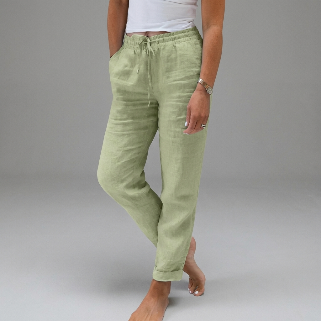 Dames Katoen Linnen Broek met Hoge Taille en Elastische Tailleband