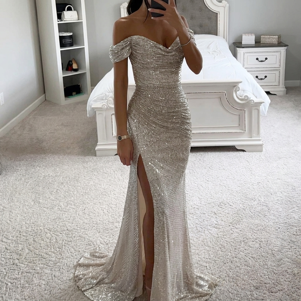Off-shoulder feestjurk met split en pailletten