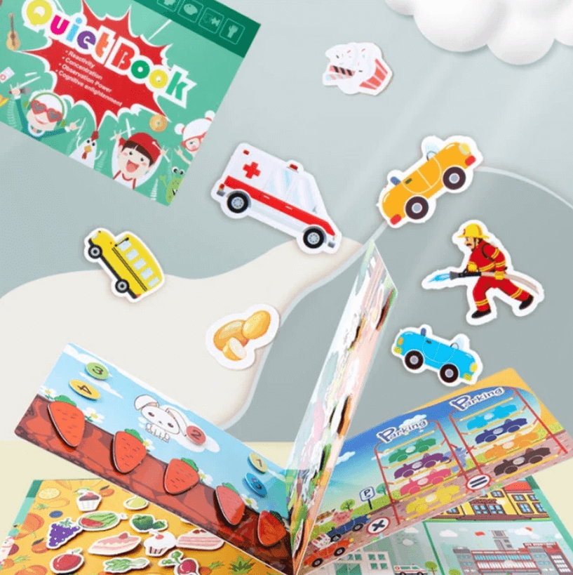 Interactief leerboek voor peuters met klittenband-opdrachten en opbergzakje.